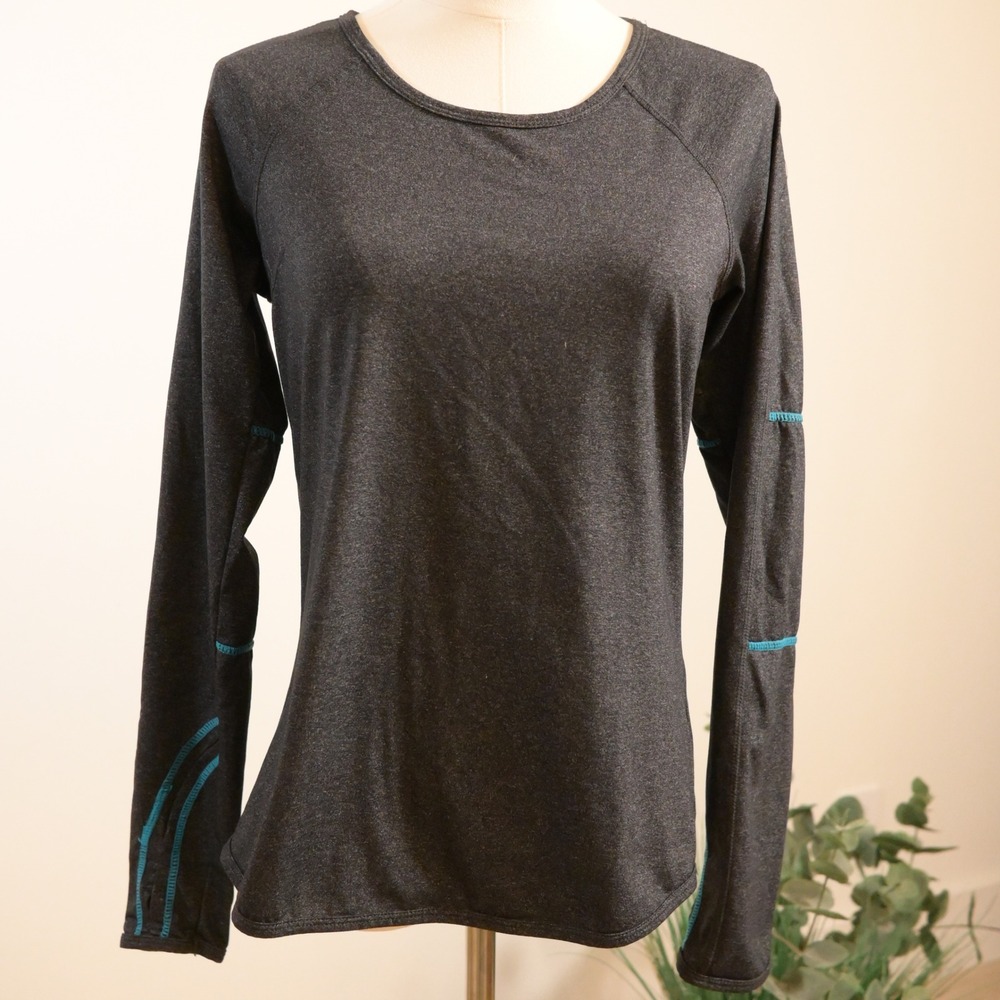 Kyodan Womens Gray Long Sleeve Activewear Top Teal Stitch Lace Mesh Back Small